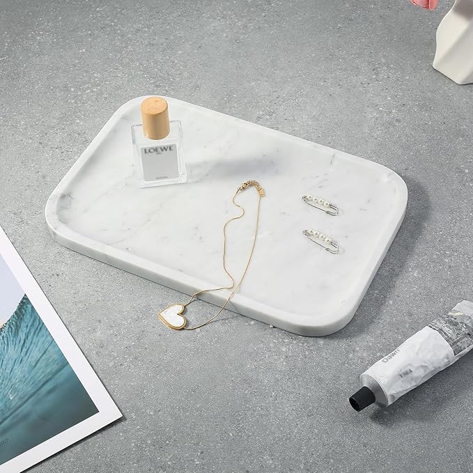 Koville Marble Tray, 12"x8" Bianco Carrara Marble Vanity Tray for Countertop Bathroom Kitchen Dresser, Decorative Catchall Trays for Perfume Jewelry, Rectangular Stone Serving Tray