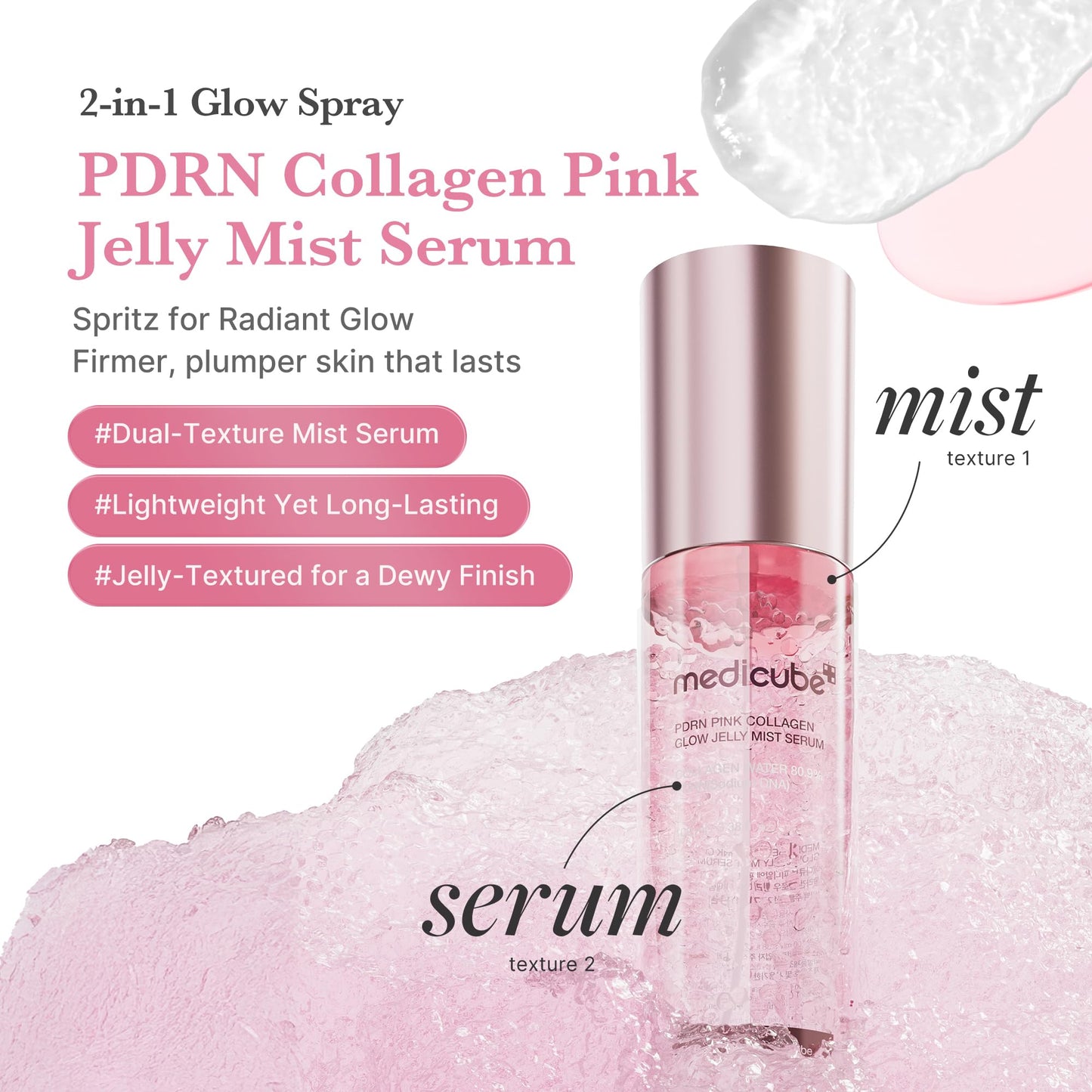 medicube Jelly Mist Serum with Pink PDRN Collagen | Dual-Texture Glow Spray with Niacinamide, Glutathione, Ceramide, Hyaluronic Acid | for Hydration, Radiance, Plump-Looking Skin | 3.38 fl.oz