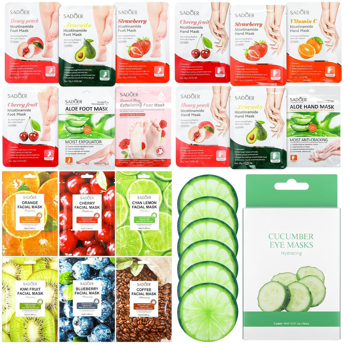 24 Pcs Fruits Beauty Facial Hand Foot Mask Cooling Eye Pads Set Spa Party Night Kit Beauty Skincare Hydrating Skin Cooling Eye Masks for Puffy Eyes Spa Stocking Stuffers Night Summer Party