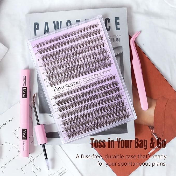 Pawotence Lash Extension Kit DIY 280pcs Brown Lash Clusters Eyelash Extension Kit 30D 40D 9-16mm Individual Lashes Kit with Lash Bond and Seal Lash Tweezers for Self Use (Brown 30D 40D, 9-16mm, Kit)