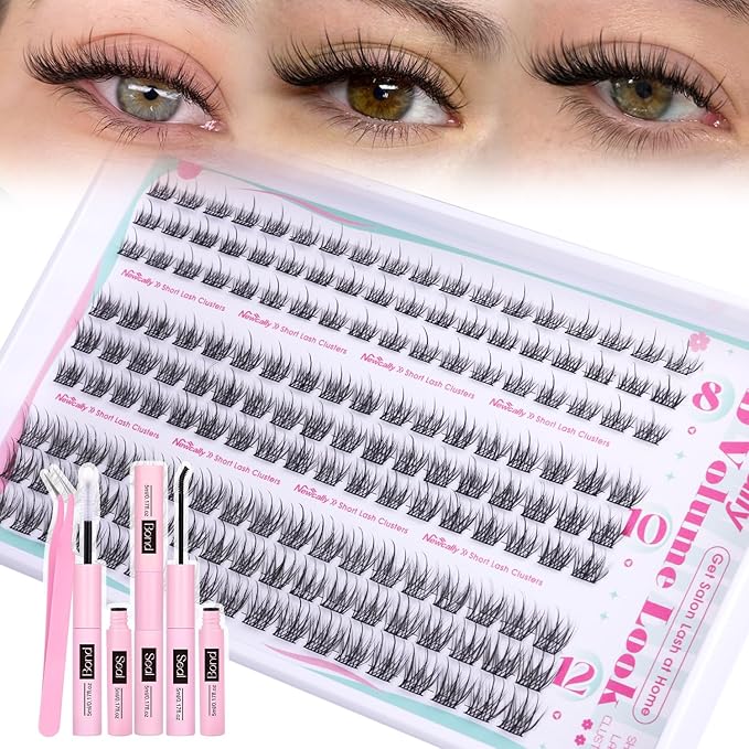 Natural Lash Clusters Kit Short 8-12MM Eyelash Clusters Wispy Cluster Eyelash Extensions Lash Extension Kit C-Curly Cluster Lashes Long-lasting Effect by Newcally