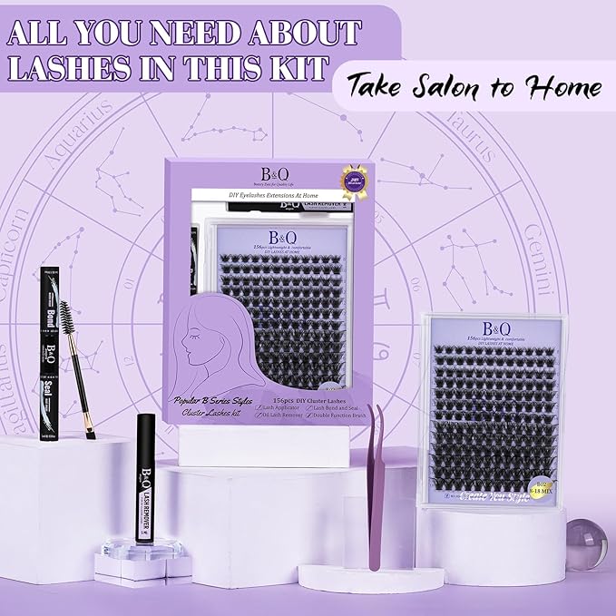 B&Q Wispy Lash Clusters Kit B02, DIY Lash Extension Kit 156PCS Eyelash Extension Kit, Soft Natural Lash Clusters 8-18MIX D Curl Lash cluster, Thin Black Band Cluster Eyelash Extensions (B02 Set)