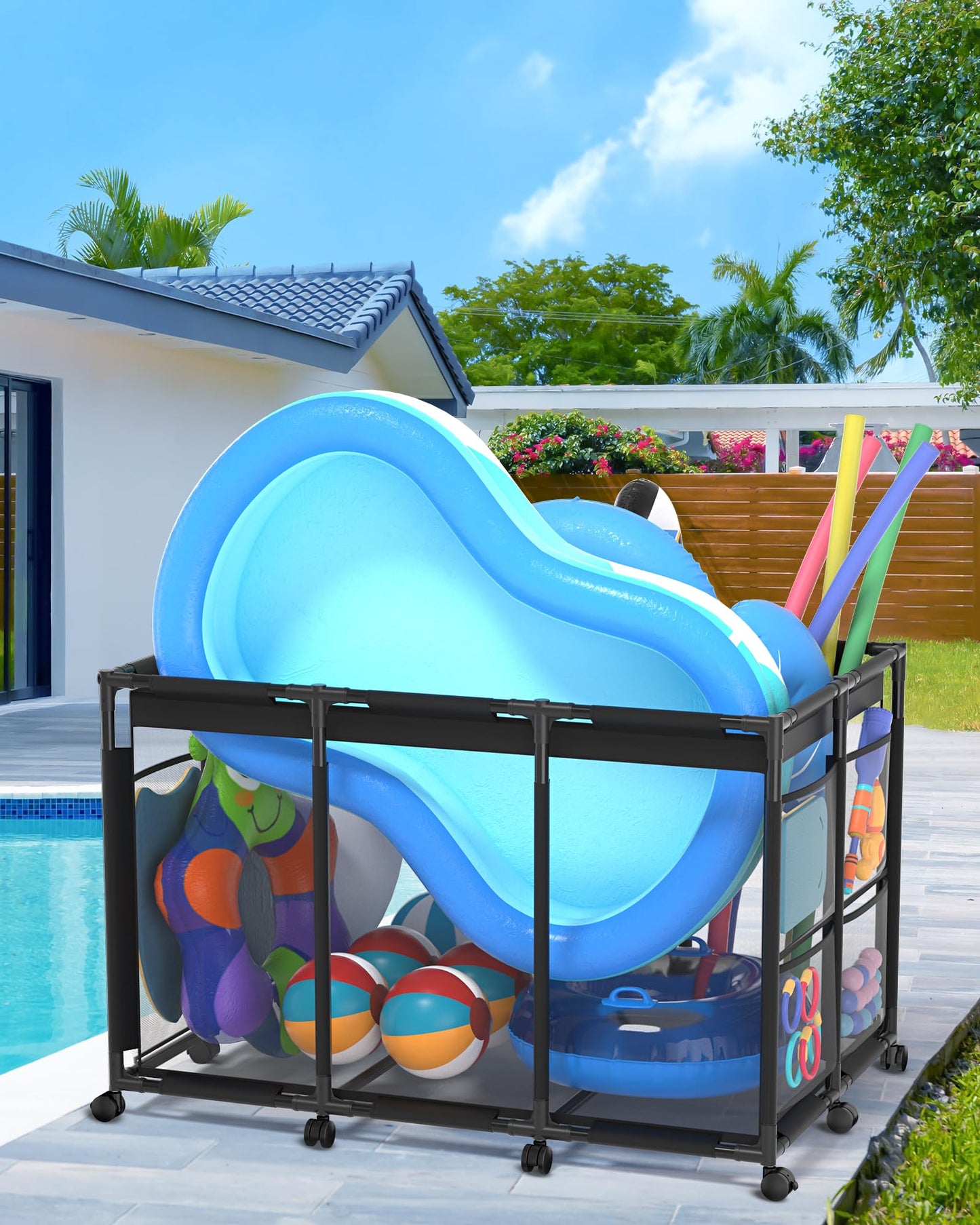SHAPON Pool Storage Bin XX-Large, Nylon Mesh Pool Float Storage Organizer for Noodles, Goggles, Floats & Balls, Outdoor Pool Toy Storage with Rolling Cart for Swimming Equipments, Black