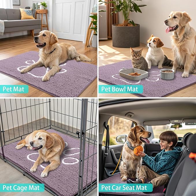 Smiry Dog Door Mat for Muddy Paws, Absorbent Dirt Trapper Non Slip Quick Dry Washable Chenille Mat for Mud Dogs, Entry Rug for Indoor and Outdoor (48x30 Inches, Deep Plum and White)