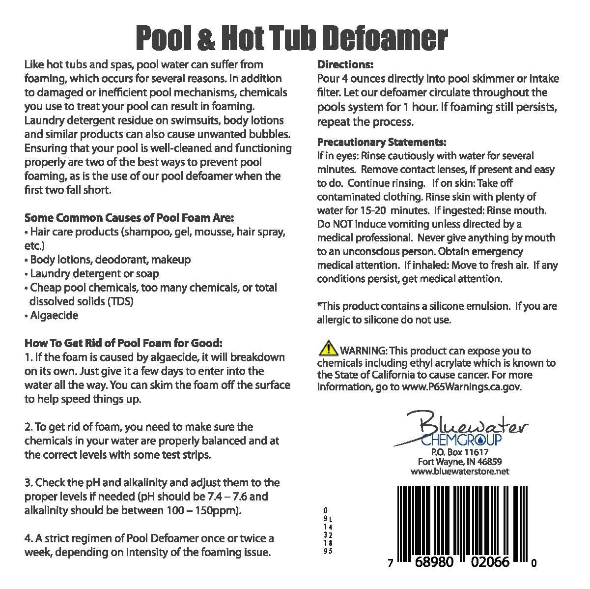 Pool & Hot Tub Defoamer, 1 Gallon, Quickly Eliminate Foam in Pool or hot tubs.