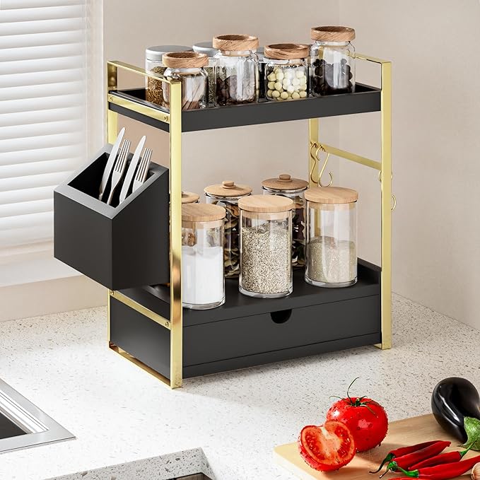 2-Tier Bathroom Counter Organizer with Drawer and Basket, Wood Countertop Organizer for Storage, Skincare Organizers for Vanity, Counter Shelf for Bathroom Organization(Black-Gold)