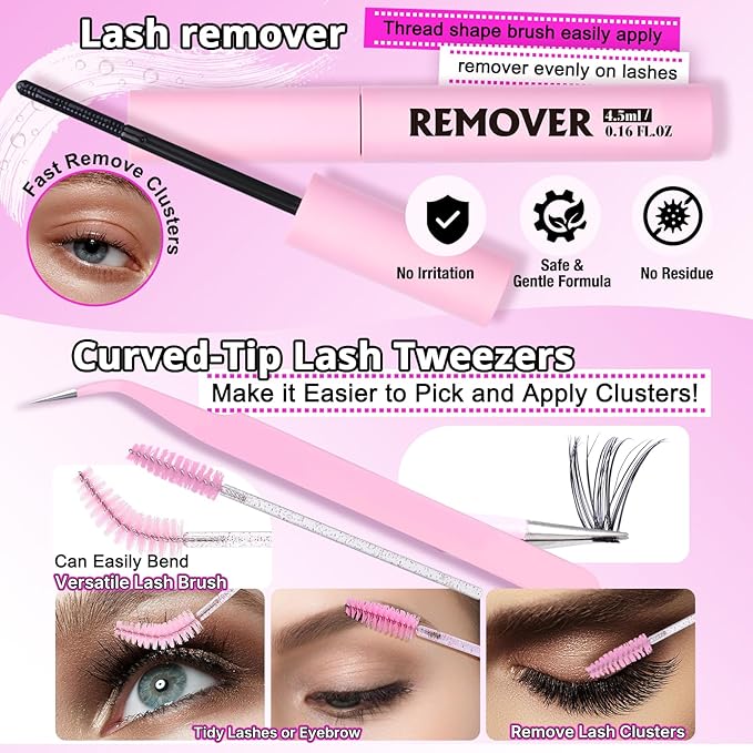 Yawamica Lash Clusters Kit 320pcs Eyelash Clusters D Curly 9-16mm 40D Individual Lashes Wispy Lash Extension Kit with Bond and Seal and Lash Remover and Lash Applicator for Eyelash Extension Beginners