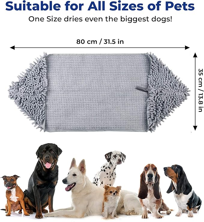 Muddy Mat Doggy Dryer, Highly Absorbent Microfiber Washable Dog Shammy Quick Drying Towel Absorber - Extra Soft Plush Wrap Chenille Bath Towels to Dry Soggy Large Pets & Small Puppy-Grey 13"x31"