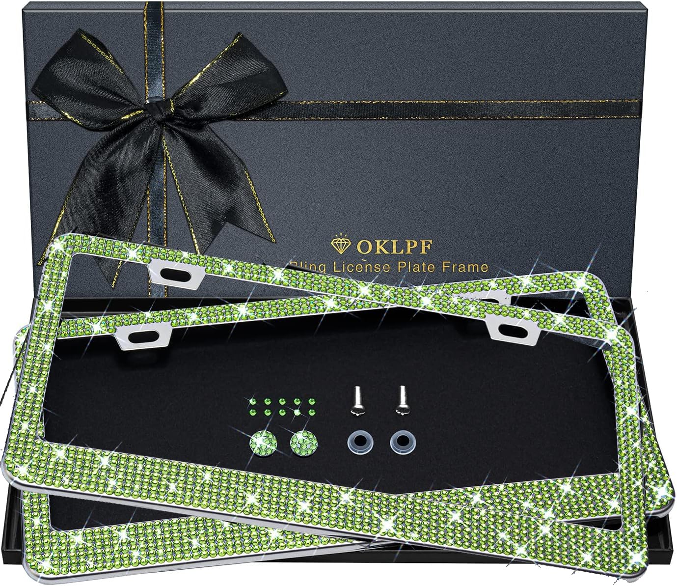 OKLPF Bling License Plate Frame for Women, 2PCS Sparkly License Plate Frames| Over 1200 pcs14 Facets Bedazzled Clear Glass Diamond Rhinestone Crystals w/Free Glitter Diamond Box (Olive Green)