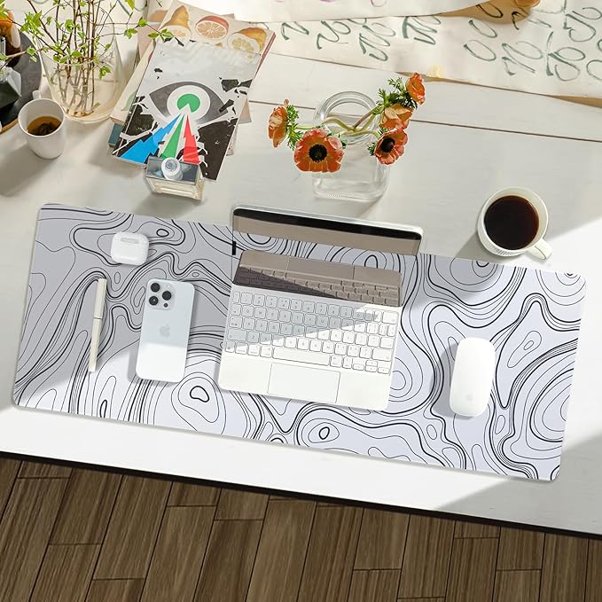 Waterproof Large Gaming Mouse Pad with Durable Stitched Edges, Non-Slip Rubber Base, Grainy Jacquard Mouse Mat Desk Pad for Home Office Gaming, 31.5''x11.8''x0.12'', Topographic Map White