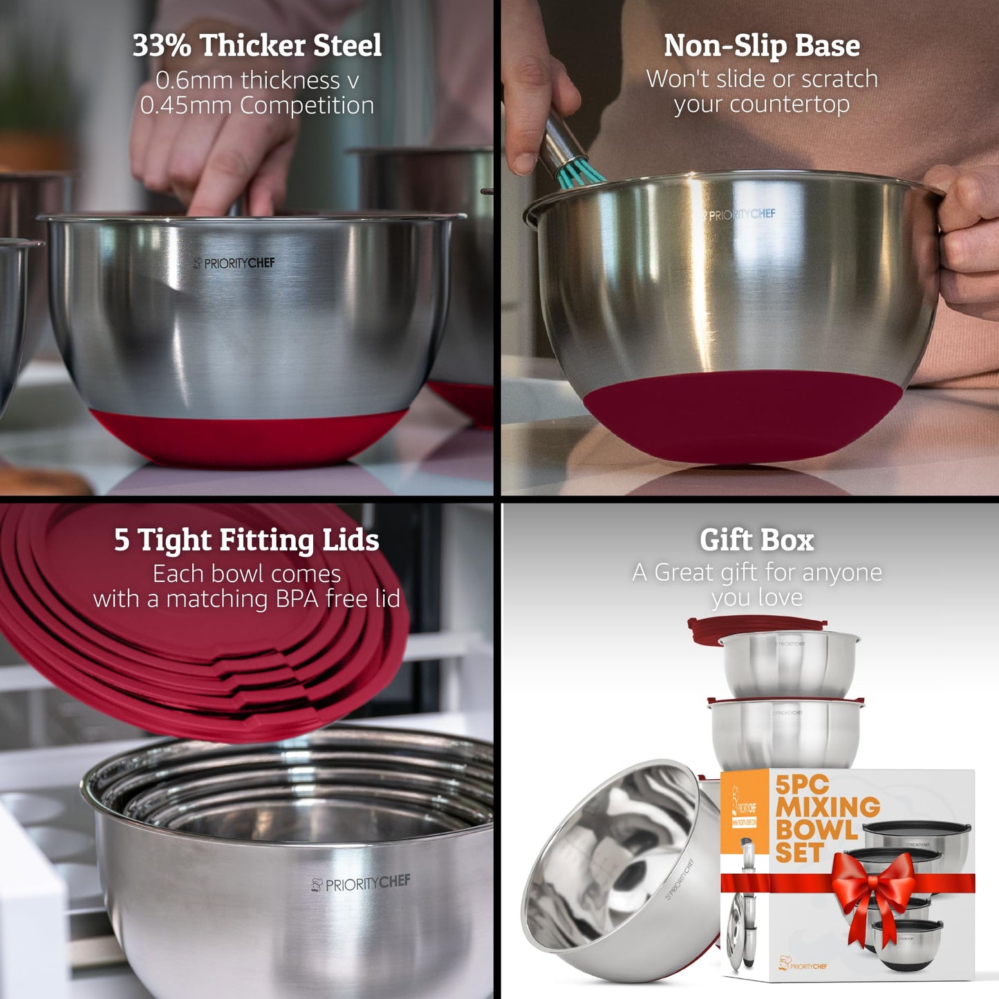 Priority Chef Premium Mixing Bowls With Airtight Lids Set, Thicker Stainless Steel Mixing Bowl Set, Large Prep Metal Bowls with Lids, Nesting Bowls for Kitchen, 1.5/2/3/4/5 Qrt, Red