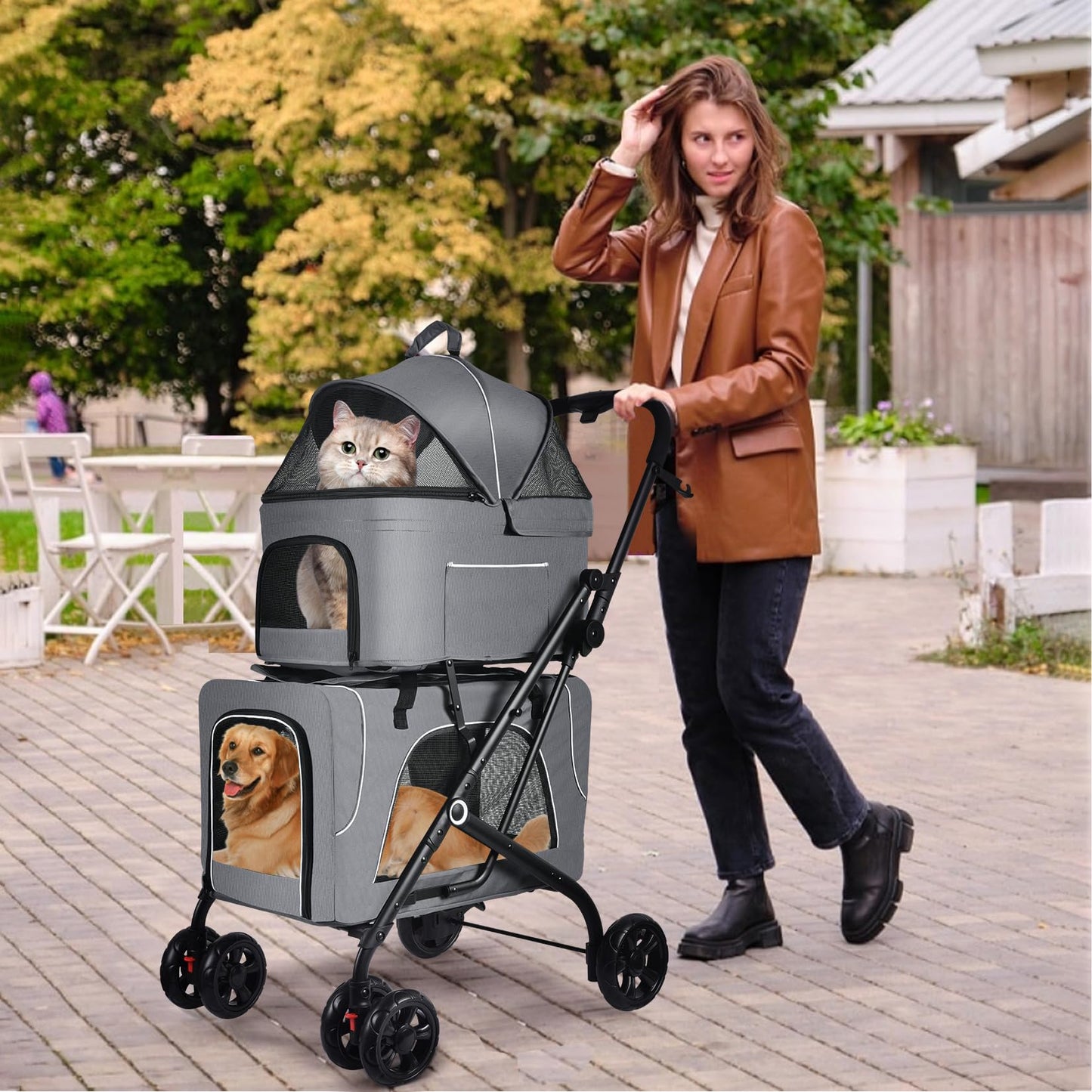 Petmolico Double Pet Stroller for 2 Cats/Dogs Strollers,2 Detachable Cat Carrier,No-Zip Double Pet Travel Storller for Small/Medium Dogs(Grey&Black)