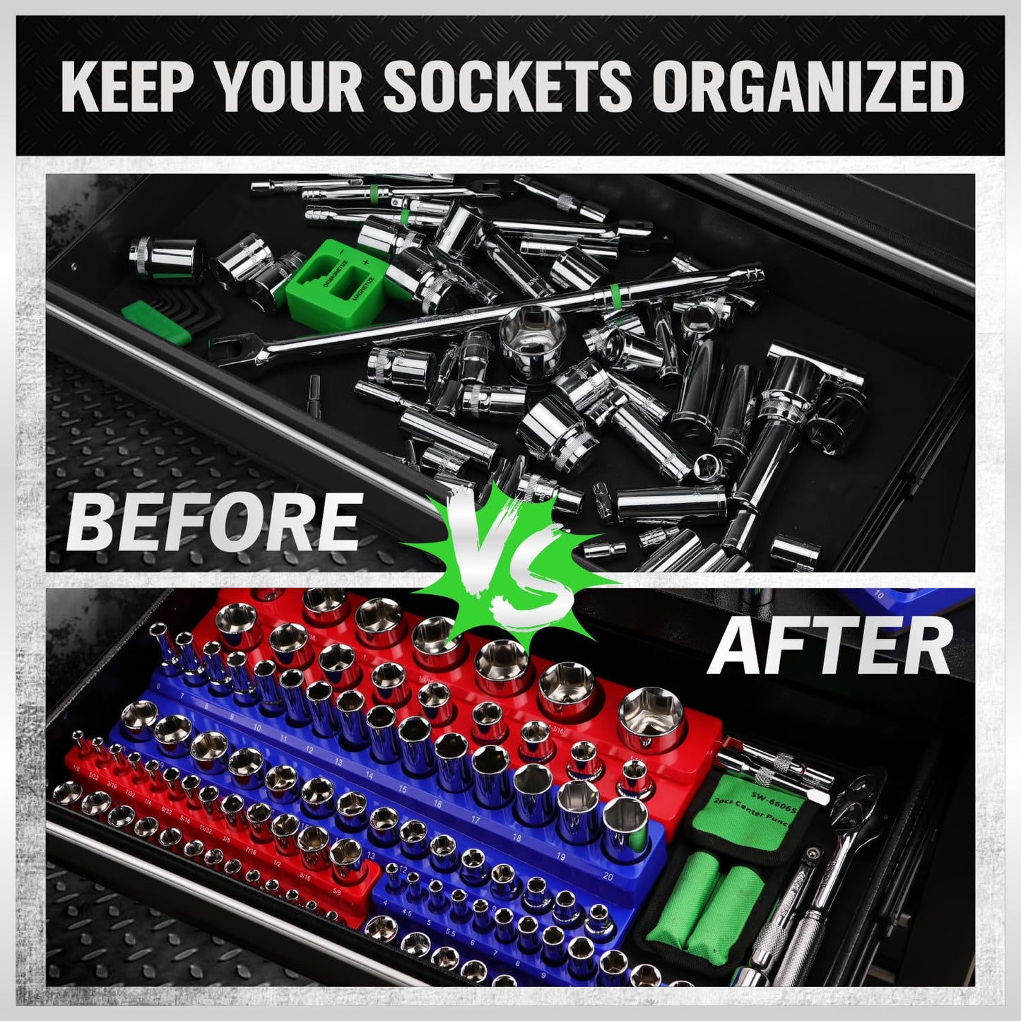 SWANLAKE Magnetic Socket Organizer Set, 1/4", 3/8", 1/2" Sockets Holds 286 Pieces Magnetic Socket Trays (Blue&red&black&green, 12 Pcs)