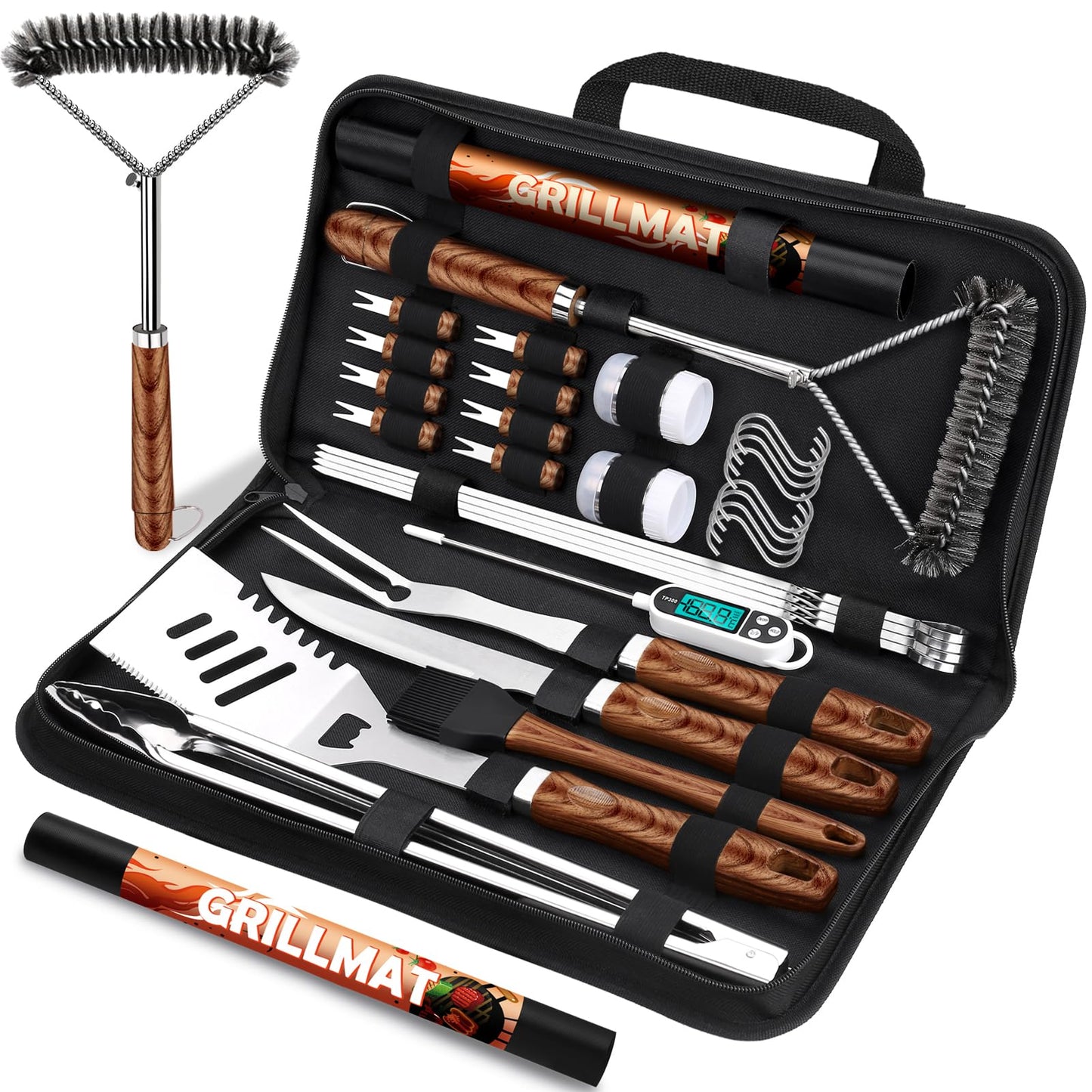 RINPIR 31pcs BBQ Grill Accessories Gifts for Men Dad, Heavy Duty Grilling Tools Gift Set for Fatherâs Day, Stainless Steel BBQ Utensils Kit with Mats, Grill Brush in Carrying Bag Brown