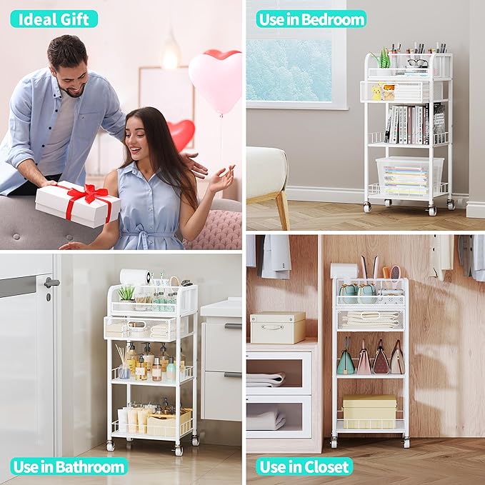 HapiRm Makeup Organizer Storage Cart - 4 Tier Skincare Make Up Storage with Drawer, Rolling Makeup Cart Vanity Organizer Cosmetics Display Cases Holder for Skin Care Perfume Nail Polish Brush