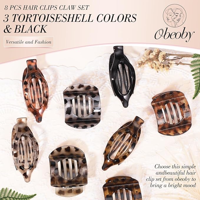 Obeoby 8 Pcs Flat Claw Clips for Women, 2 Types French Flat Hair Clips Hair Accessories Barrettes Large Medium (Tortoiseshell)