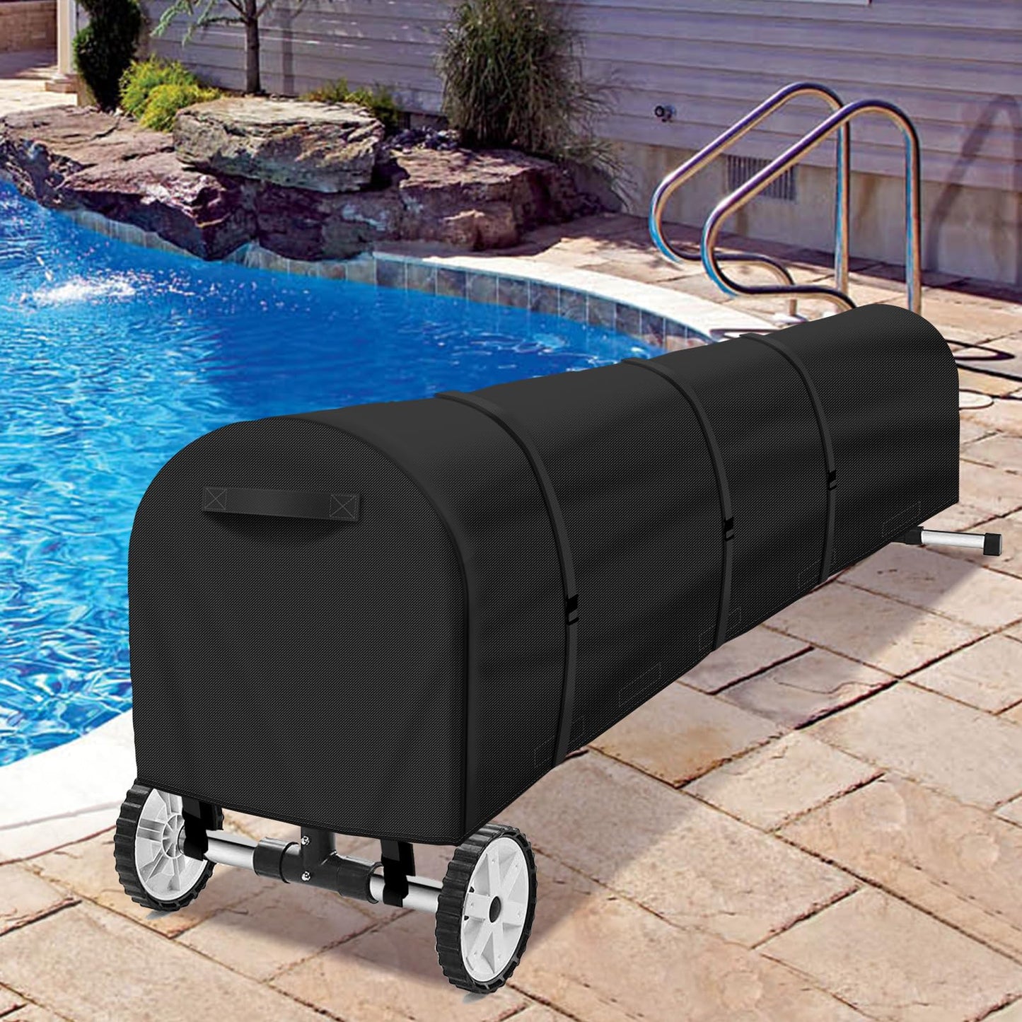 Swimming Pool Solar Reel Cover, 16Ft UV Resistant Inground Pool Solar Protective Blanket Reel Cover 420D Heavy Duty Waterproof Winter Solar Blanket Reel Roller Covers Protector (16 Ft, Black)