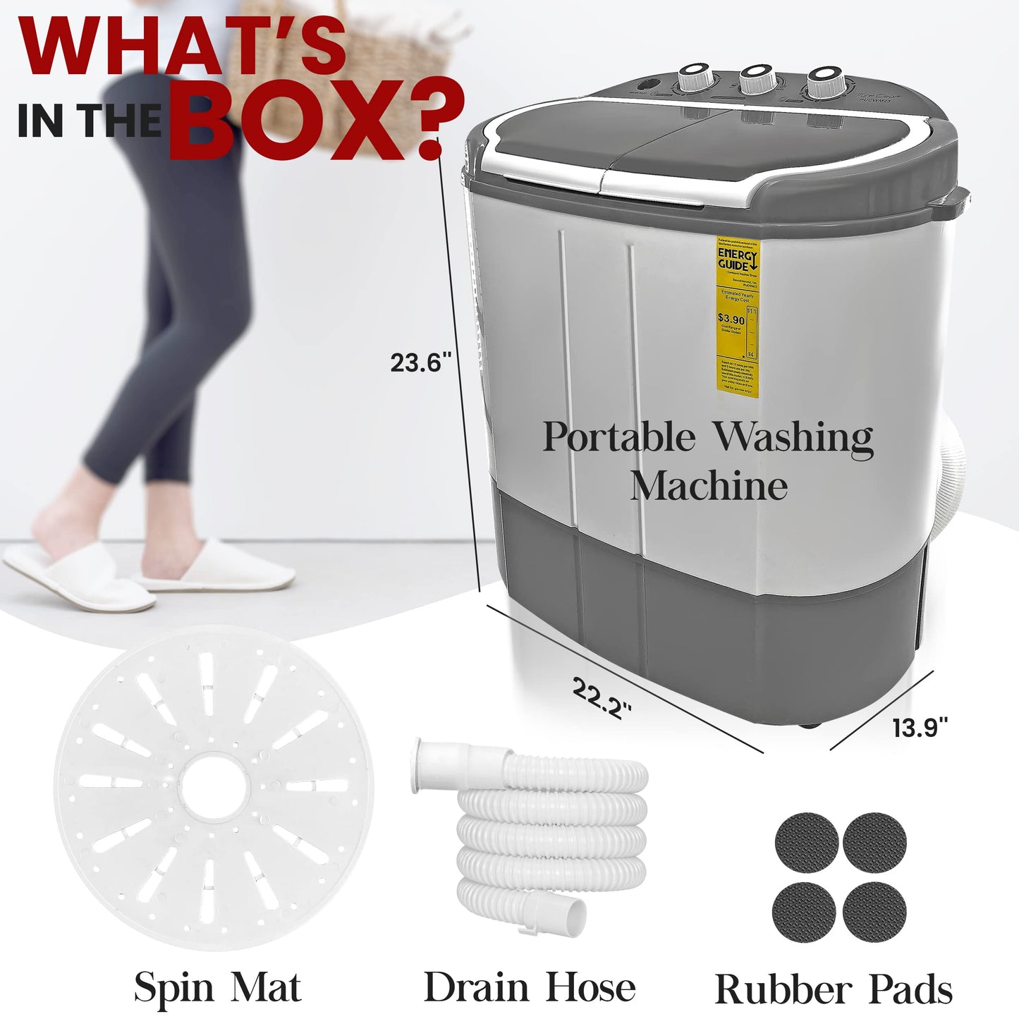 Pyle Portable Washing Machine - Twin Tub 11Lbs Capacity, Compact Mini Laundry Washer (7.7 Lbs) & Spinner (3.3 Lbs) with Timer Control - Perfect for Home, Apartment, Camping, RVs and Dorms (Grey)