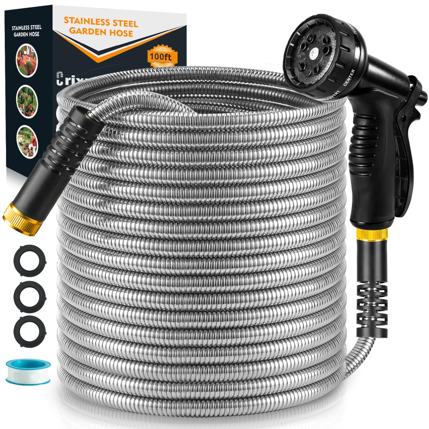 100ft Garden Hose, Heavy Duty Metal Water Hose 100 ft with 10 Function Nozzle, Flexible No-Kink, Pet-Proof & Puncture-Proof Stainless Steel Outdoor Hose for Yard