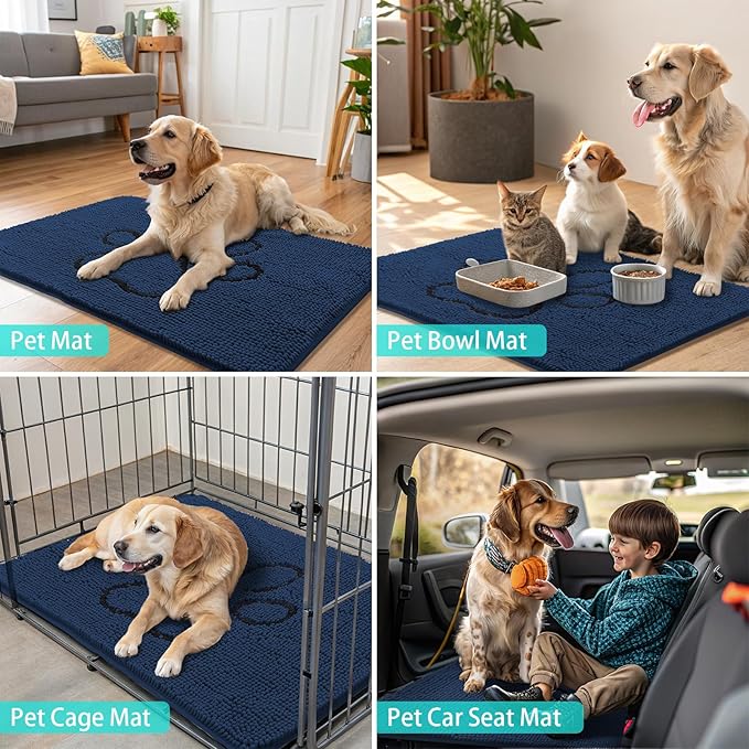 Smiry Dog Door Mat for Muddy Paws, Absorbent Dirt Trapper Non Slip Quick Dry Washable Chenille Mat for Mud Dogs, Entry Rug for Indoor and Outdoor (48x30 Inches, Dark Blue and Black)
