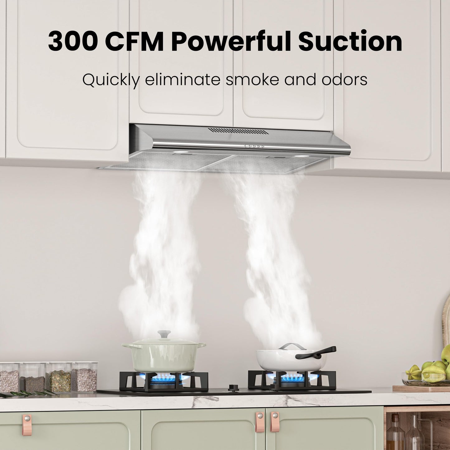 FIREGAS Under Cabinet Range Hood 30 inch, Ducted/Ductless Convertible Kitchen Hood Over Stove Vent, LED Light, 3 Speed Exhaust Fan, Reusable Aluminum Filters, Push Button, with Charcoal Filter