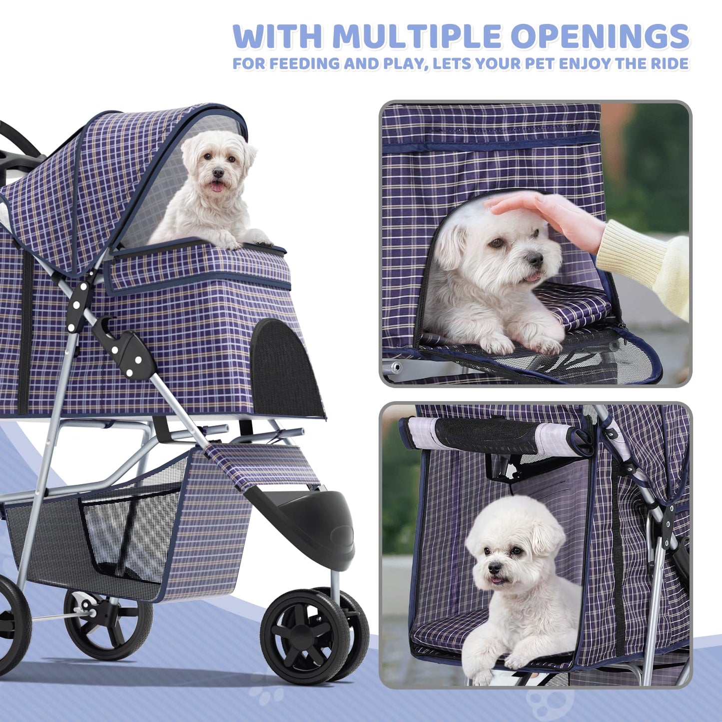 Magshion 3-Wheel Pet Stroller, Foldable Travel Jogger for Small & Medium Dogs & Cats (Up to 33lbs), Lightweight Carrier with Breathable Mesh Cover, Cup Holder & Storage Basket, Plaid