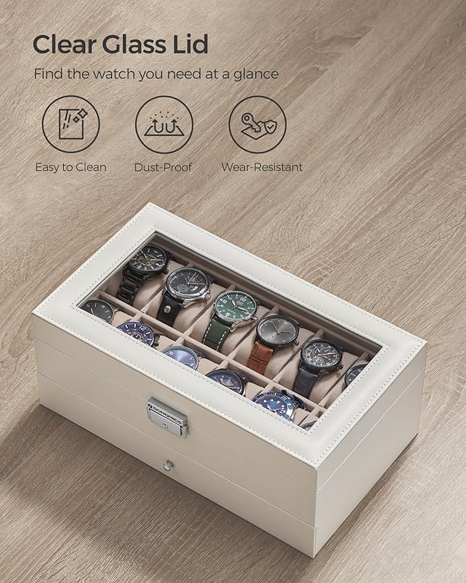 SONGMICS Watch Box, 12-Slot Watch Case Organizer with Large Glass Lid, 2 Layers, Removable Pillows, Metal Lock, Gift for Loved Ones, Cloud White Synthetic Leather, Cappuccino Beige Lining UJWB012W01