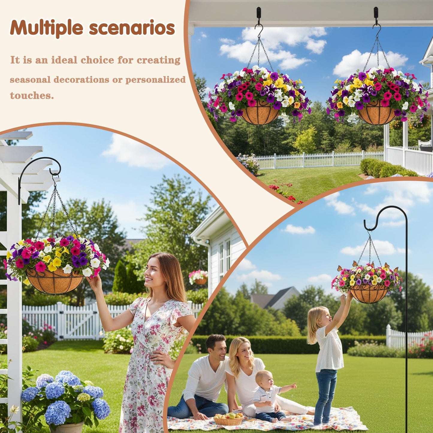12 inch Metal Hanging Baskets For Plants Outdoor 4 Pack Round Metal Wire Hanging Basket Planter with Coco Fiber Liners Chain Round Wire Plant Holder for Garden, Patio, Deck, Porch Plants Flower Potss