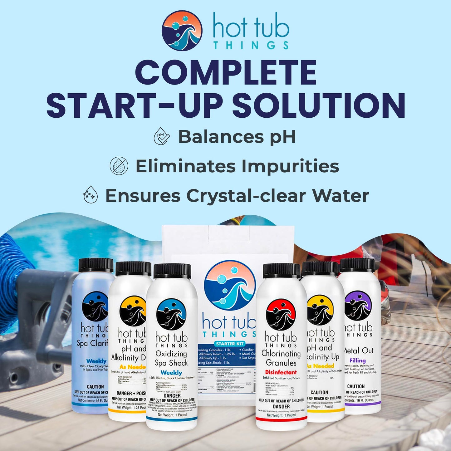 Hot Tub Things - Chlorine Starter Kit - Hot Tub Chemicals Kit for Spa & Jacuzzi Maintenance, Pool Shock, Chlorine Granules, Test Strips, Alkalinity Up & Down, Clarifier, Metal Out, Oxidizer - 1 lb
