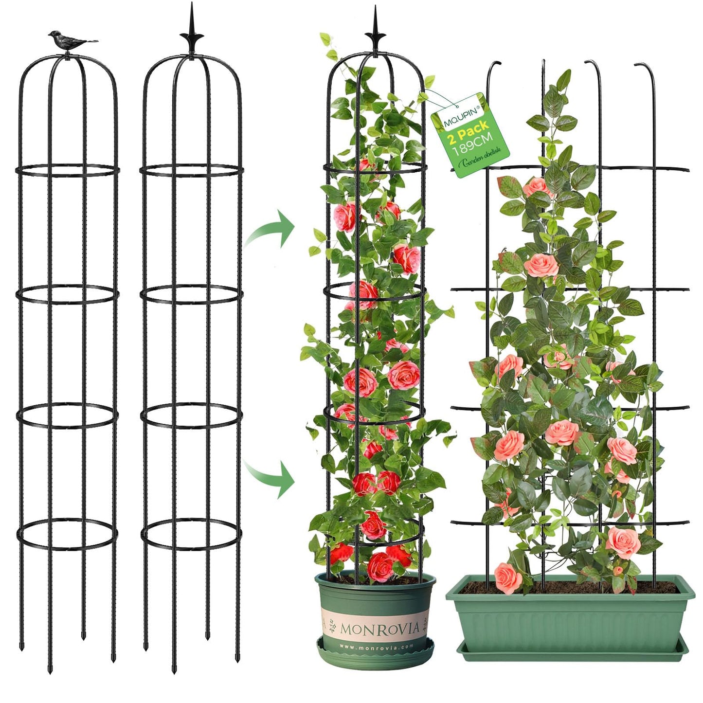 Tower Obelisk Garden Trellis for Climbing Plantï¼6.2FT/74.4" Rustproof Metal Potted Plant Climbing Support for Indoor Outdoor Flowers Vegetable Fruits Vines Support (2Pcs)