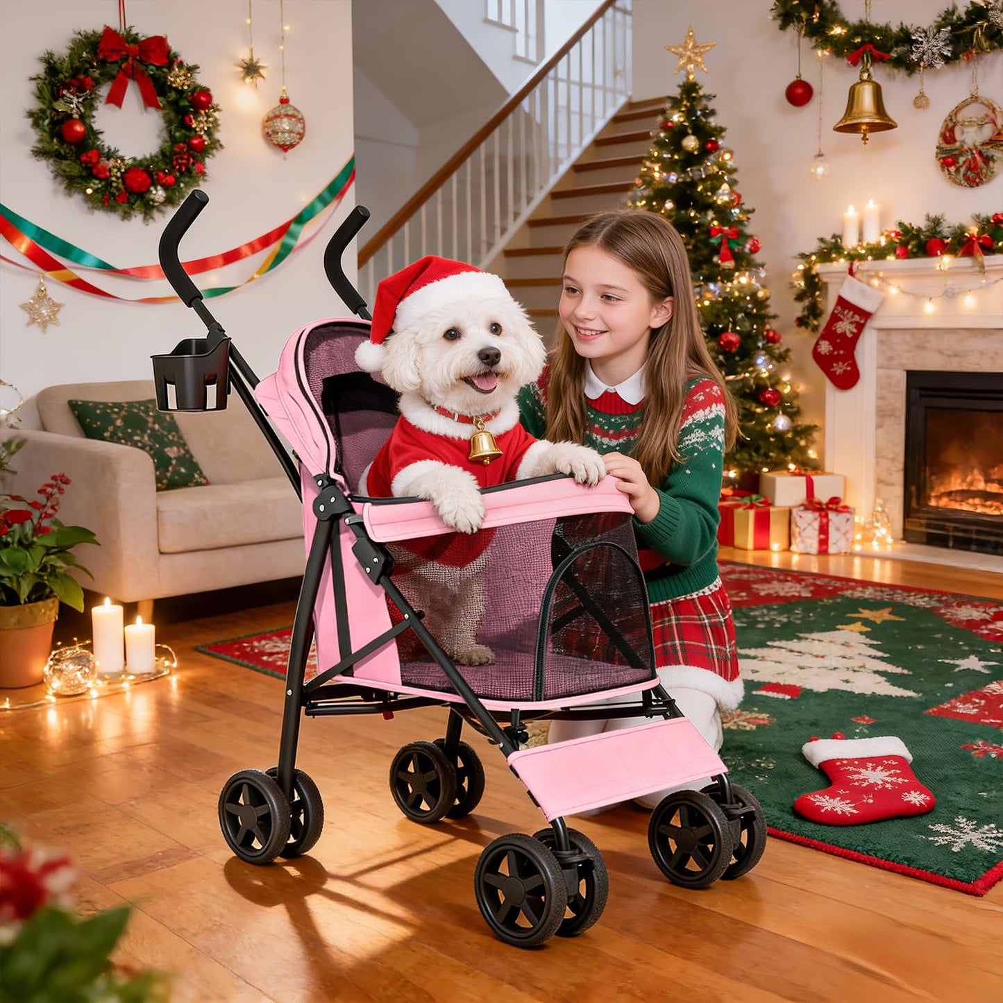 MoNiBloom 4 Wheels Pet Stroller, Easy-Fold Puppy Cage Jogger Stroller with Sun Cover, Pad and Rear Storage Bag, Breathable and Visible Mesh for Small/Medium Pets up to 22 lbs, Pink