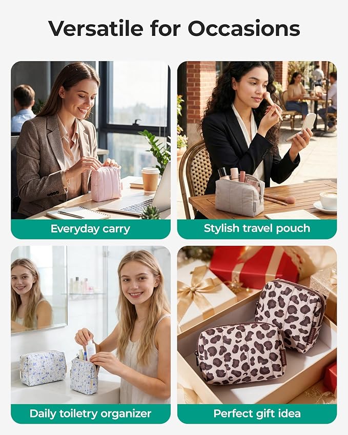 BAGSMART Makeup Bag Duo Set, Puffy Padded Travel Cosmetic Organizer with Slip-in Pockets, Large Toiletry Bag & Small Purse Pouch, Travel Essentials for Women, Greige