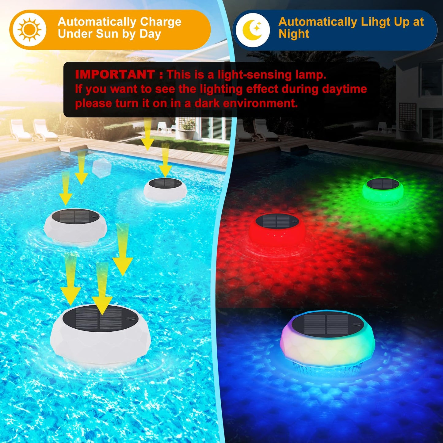 Solar Pool Chlorine Floater with Automatic Darkness-Sensing Light - Floating Dispenser Holds 3" Tablets (Not Included), Anti-Sinking Chlorinator & Bromine Holder for Pool SPA Party