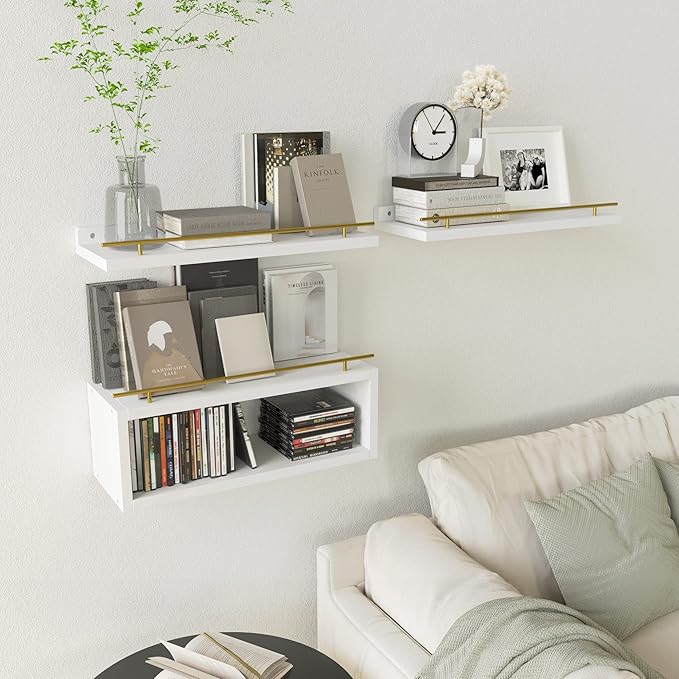 WOPITUES Floating Shelves for Wall with Cube Shelf, Wall Shelves with Metal Rail for Decor, Bathroom Organizers and Storage, Over Toilet Shelves for Bathroom, Toilet Paper-White&Gold
