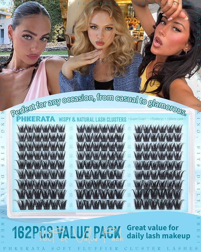PHKERATA Fluffy Lash Clusters Wispy Eyelash Clusters, 3D Volume Cluster Eyelash Extensions, DIY Individual Lashes with Soft Thin Band, 162Pcs, 10-16mm