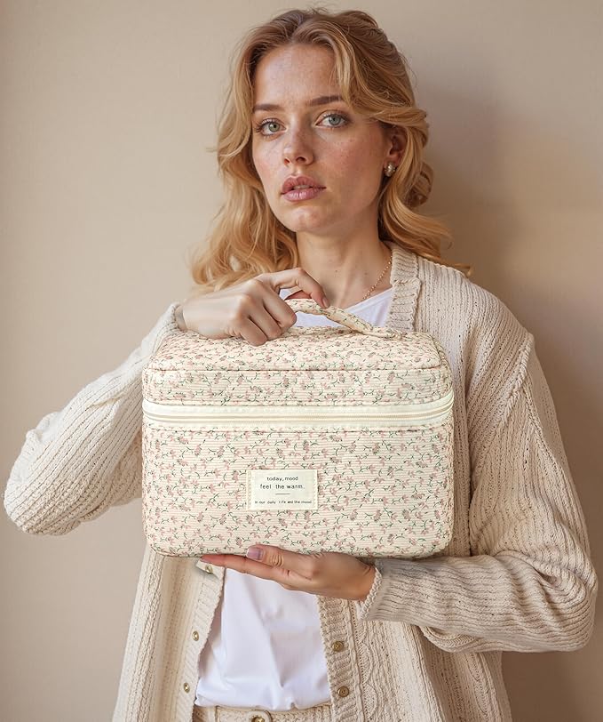 HBselect Quilted Makeup Bag, 3PCS Cotton Large Travel Makeup Bag, Cute Floral Coquette Make up Bag Cosmetic Bag Toiletry Bag for Women Girls