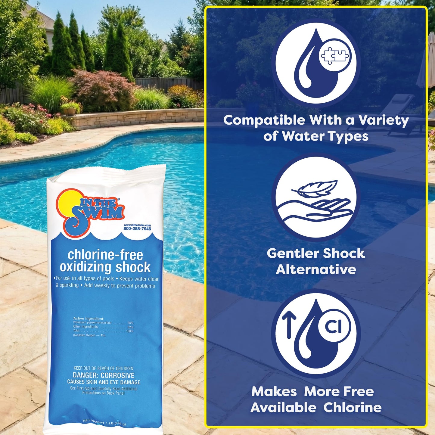 In The Swim Chlorine-Free Pool Shock - Quick Dissolving, Fast-Acting, Shock-Oxidizer for Swimming Pools, Spas, and Salt Chlorinated Pools Compatible - 24 x 1 Pound Bags