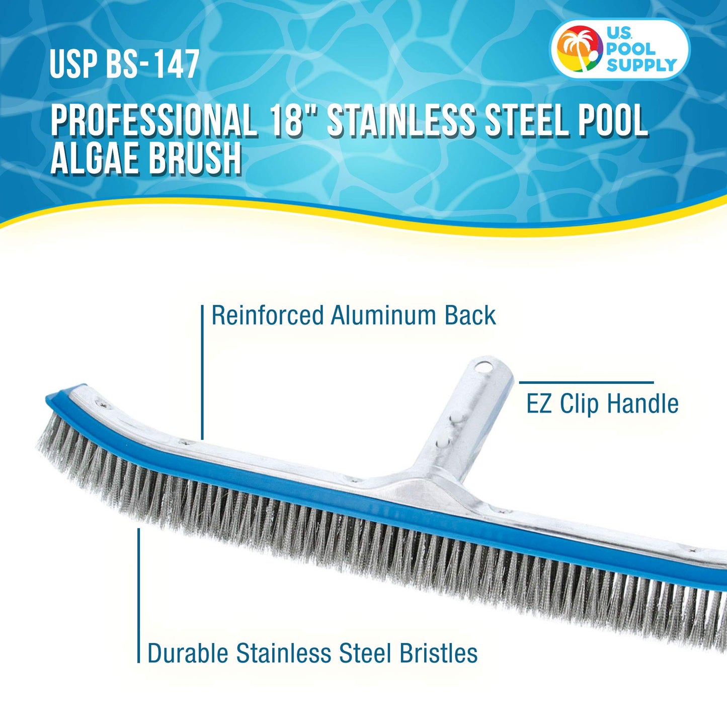 U.S. Pool Supply Pool Brush Head for Inground Pools - 18" Stainless Steel Pool Brush, Metal Wire Bristles, Scrubbing Scrubber Brushes - Remove Calcium Build-Up on Tiles, Rust Stains on Concrete Walls