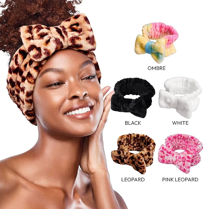 Red by Kiss Spa Headband for Washing Face Facial Makeup Bow Head Band Soft Plush Fleece Stretchy Head Wraps for Women Shower Bath Washing Face Mask (Leopard)