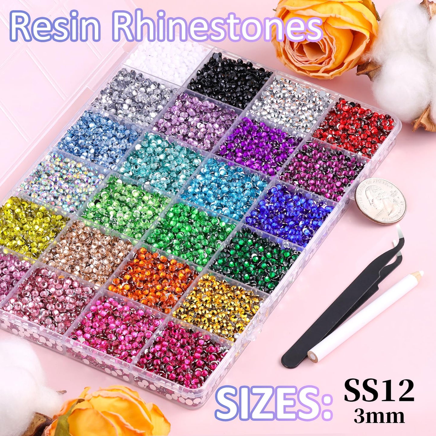 24000Pcs Resin Rhinestones for Crafting with Tweezers, Multicolor 3mm Flatback Gems with 1 Pc B7000 Jewelry Glue, Bedazzling Crystal for Crafts Clothing Tumblers Mugs Shoes Fabric Nail Art
