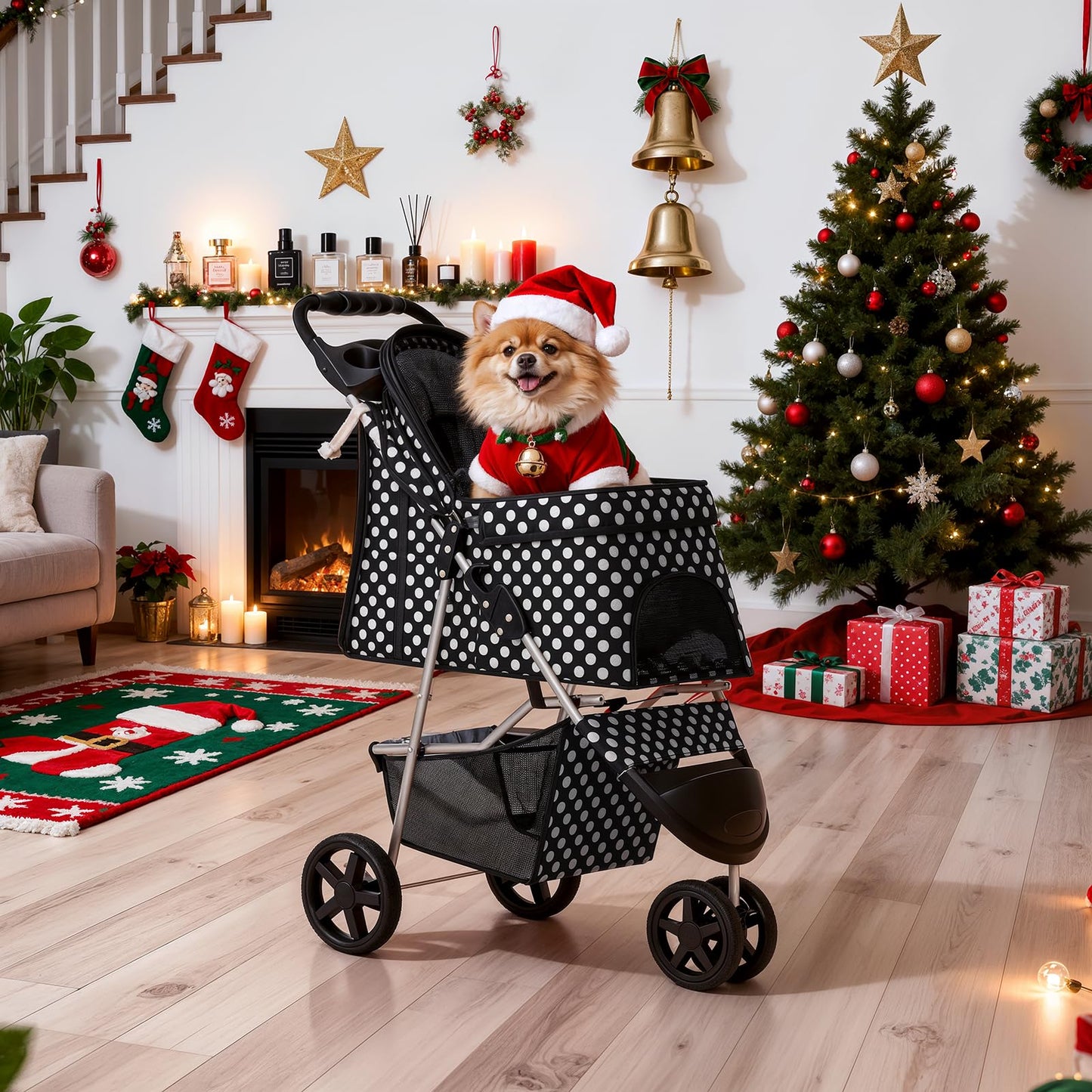 MoNiBloom 3 Wheels Pet Dog Cat Stroller for Small Medium Dogs Cats, Foldable Jogger Stroller w/Storage Basket and Cup Holder, Black Polka Dots