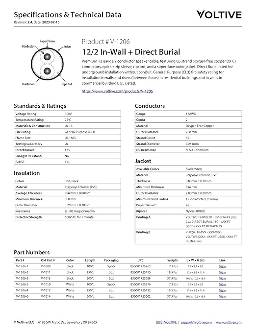 Voltive 12/2 Speaker Wire, in-Wall CL3 & Direct Burial, Black, 100ft - 12AWG, 2 Conductors, Stranded Oxygen-Free Copper, UL Listed - V-1206-1