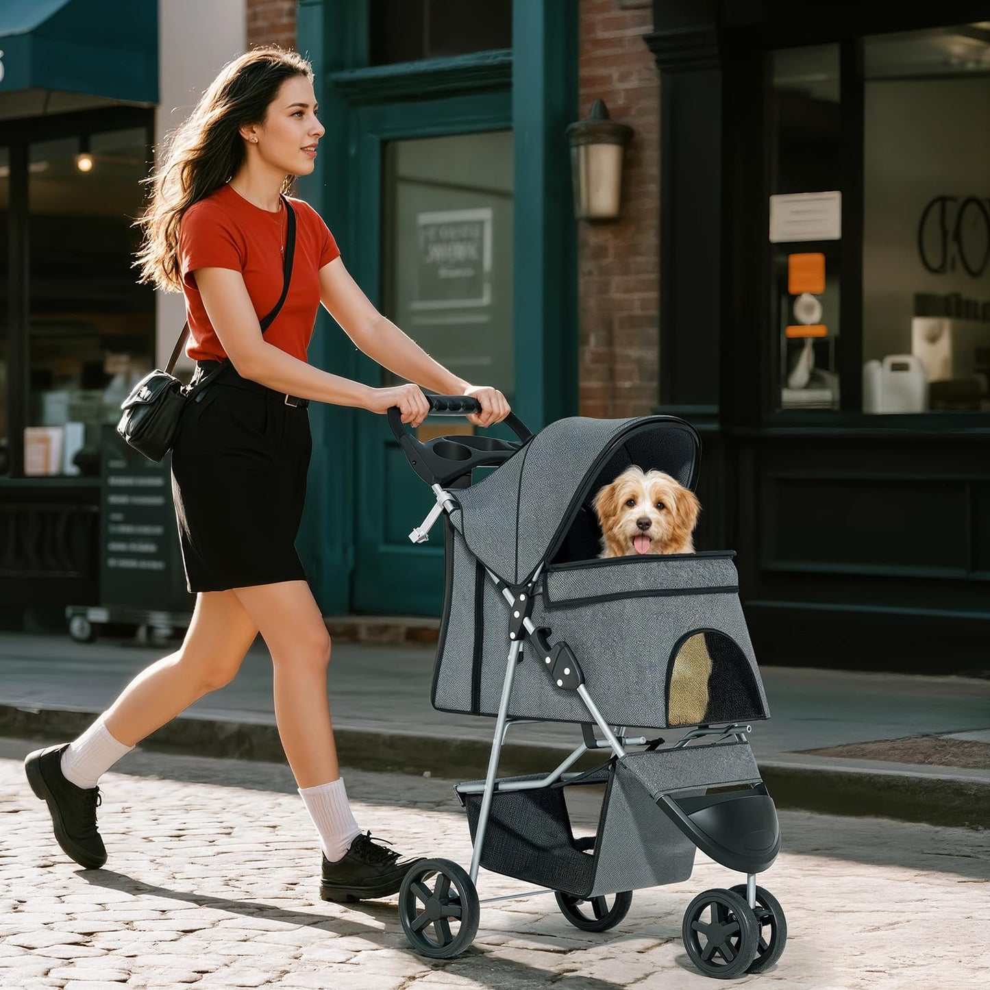 Pet Stroller for Small Dogs 10 lbs, Dog Stroller for Medium Dogs 30 lbs, Cat Strollers for 2 Cats, 3 Wheels Foldable Jogger Puppy Stroller with Storage Basket and Cup Holder, Grey