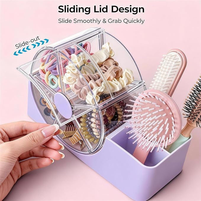 Hair Accessories Organizer for Girls, 2-Slot Hair Brush Holder & 5-Section Rotating Wheel, Cute Makeup Brush Holder for Hair Tile, Clip, Makeup Brush, Earring, Ring, Kids Vanity Accessories (Lavender)