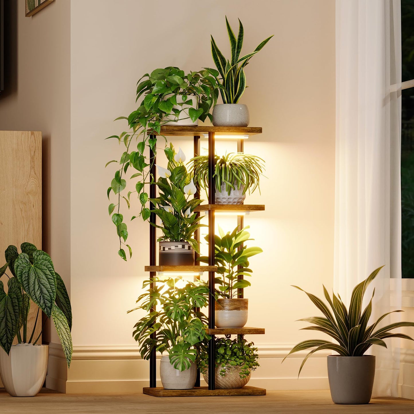 Bamworld Indoor Plant Stand with Grow Light Corner 5Tier Metal Plant Shelf Wood Flower Stand for Home Living Room Decor Patio Decor