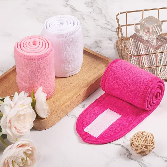 Whaline Spa Facial Headband Make Up Wrap Head Terry Cloth Headband Adjustable Towel Band for Face Washing Shower Facial Cover, 3 Pieces (White, Pink, Rose Red)