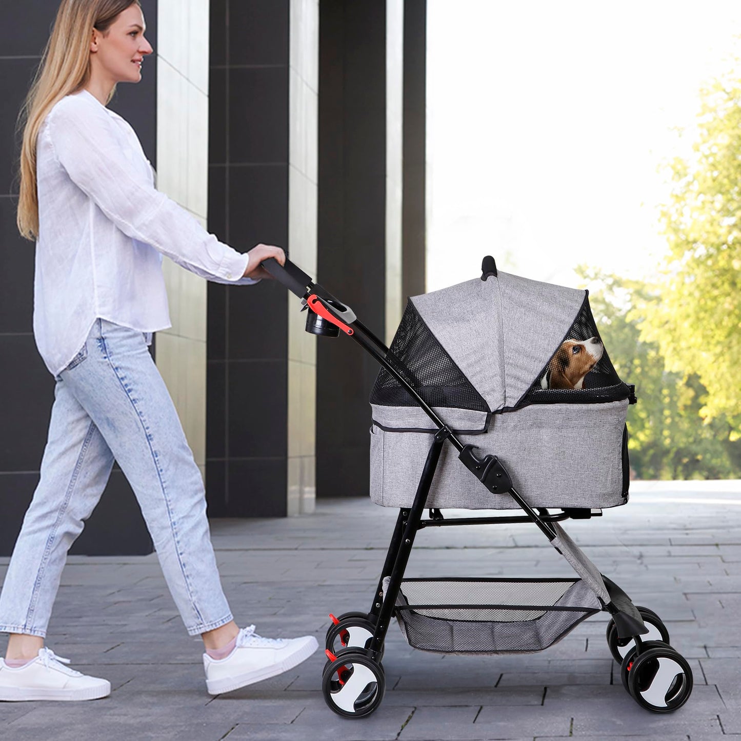 Epetlover 4 Wheels Dog Stroller with Detachable Carrier Folding Pet Strolling Cart for Small Medium Cats Puppies with Storage Basket Cup Holder, Gray