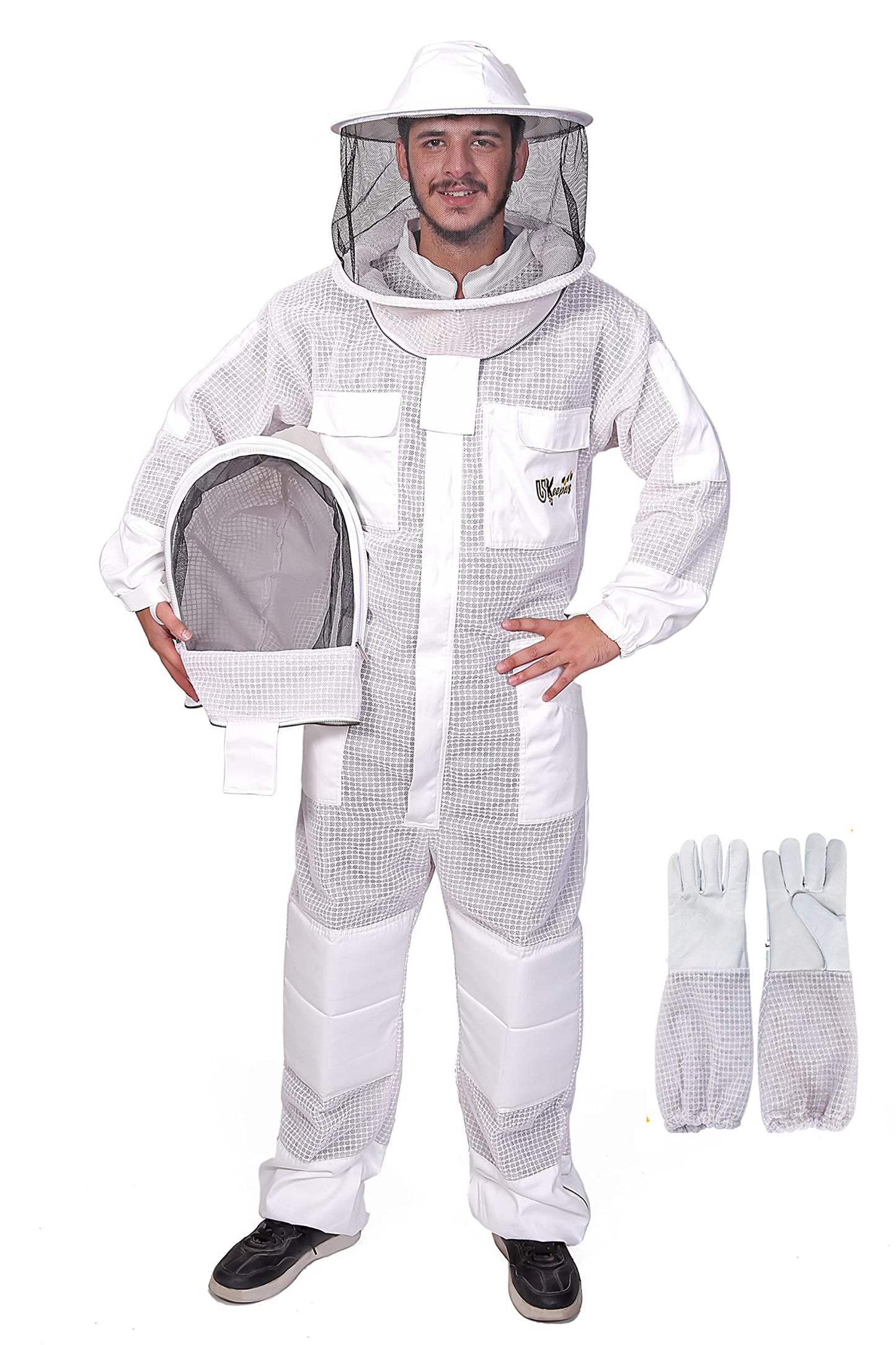 USKEEPERS 3-Layer Ultra Ventilated Bee Suit for Men & Women â Premium Beekeeping Suit with Bee Gloves & Two Detachable Beekeeping Veils (White 2XL)