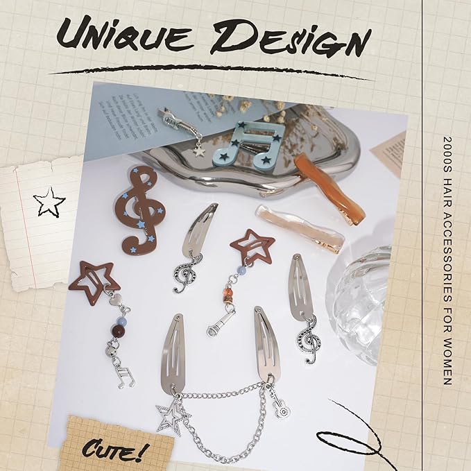 10PCS Y2K Hair Clips Dangle Coachella Music Hair Clip Boho Note Guitar Hair Accessories Snap Star Clips for Women Girls