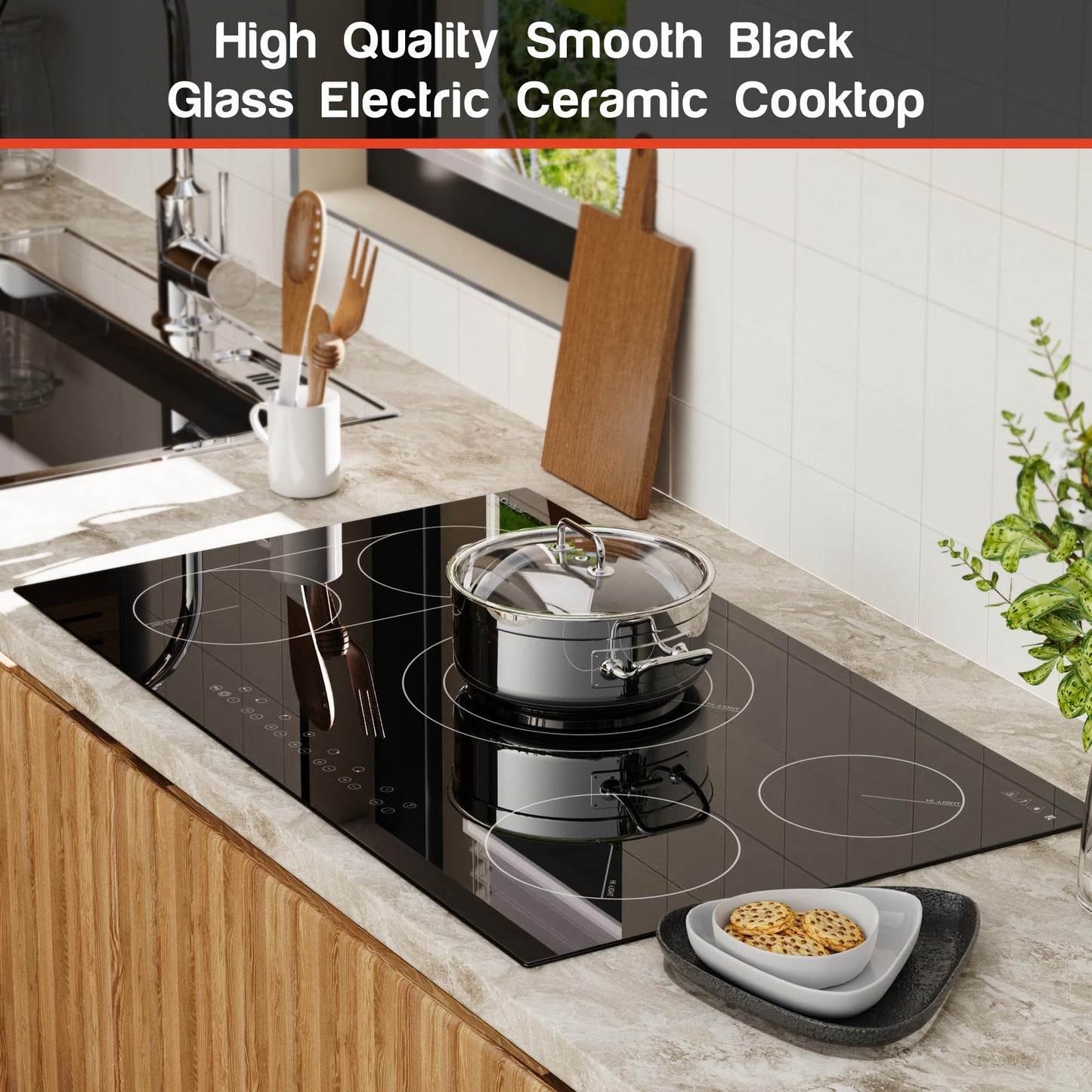 Karinear 36 Inch Electric Cooktop, Flexible Bridge &Triple Ring Expandable Burners, Pause, Timer, Child Safety Lock, 9600W Built-in Ceramic Cooktop
